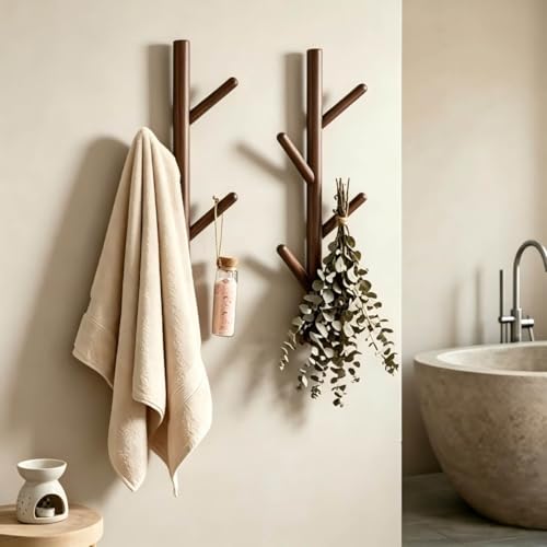 Wooden Wall Mount Coat Rack - 4-Hook Tree Branch Design (2 Pack)