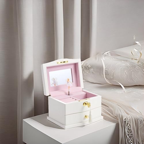 Wooden Musical Jewelry Box with Spinning Ballerina, Mirror and 2 Drawers