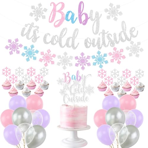 Winter Wonderland Baby Shower Decorations Kit - Snowflake Banner, Balloons & Cake Toppers