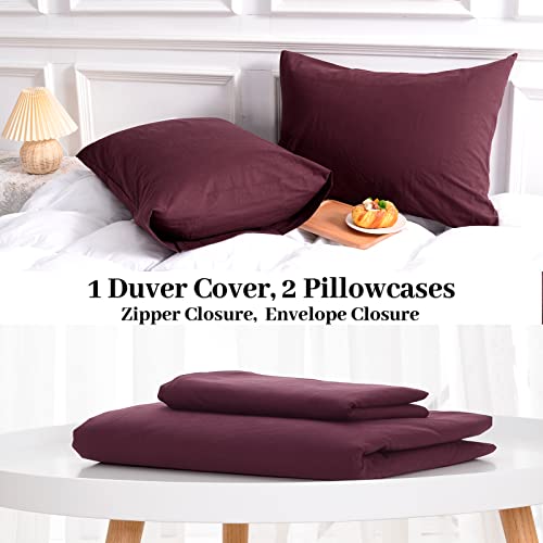 100% Washed Cotton Duvet Cover Set - Queen Size Burgundy 3-Piece Bedding