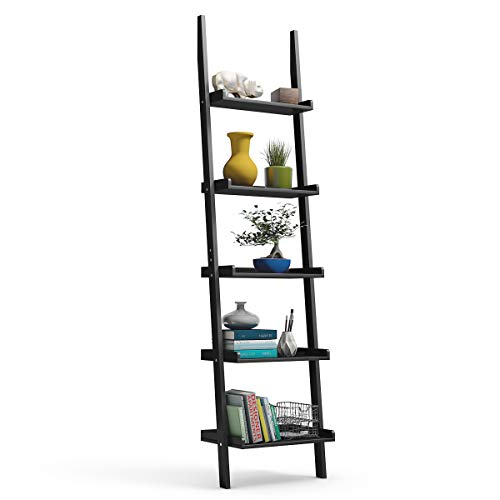 5-Tier Wood Ladder Shelf, Modern Leaning Display Rack for Home & Office