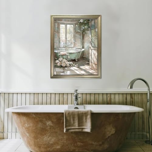 Vintage Floral Bathtub Wall Art, 10x8 Inch Framed Rustic Bathroom Canvas Print