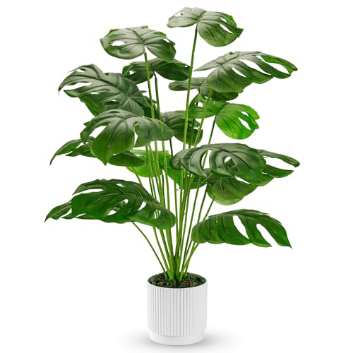 28-Inch Artificial Monstera Plant in White Pot, Faux Tropical Indoor Plant