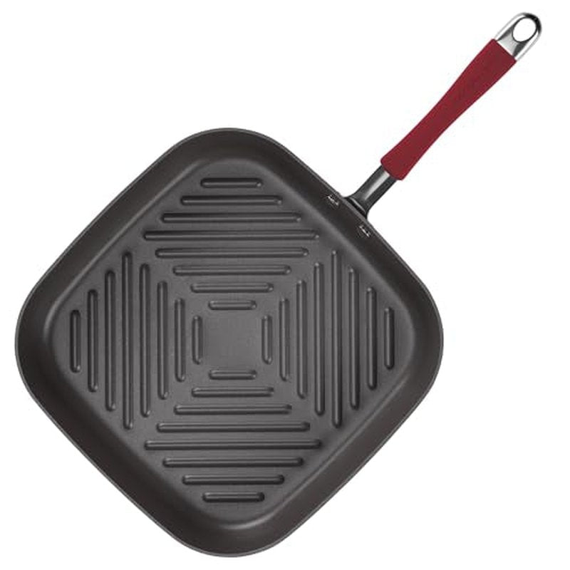 Rachael Ray Cucina Hard-Anodized Nonstick 11-Inch Deep Square Grill Pan, Gray with Cranberry Red Handle - 87632