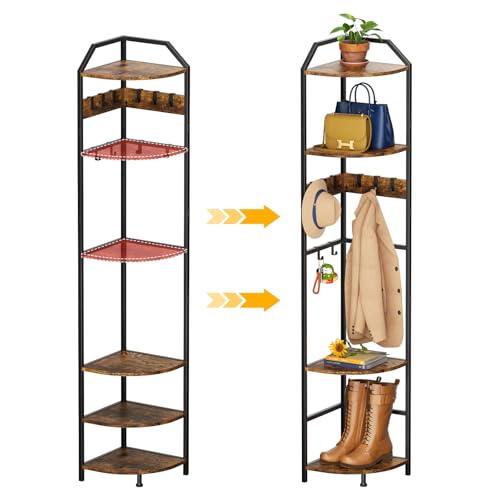 Corner Hall Tree with 10 Movable Hooks and Adjustable Shelves