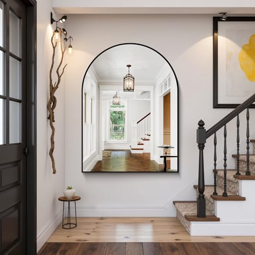 36x48 Inch Arched Wall Mirror - Large Black Metal Frame Bathroom Mirror