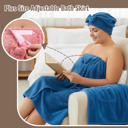Plus Size Adjustable Bath Skirt Towel Wrap & Quick-Dry Hair Cap Set