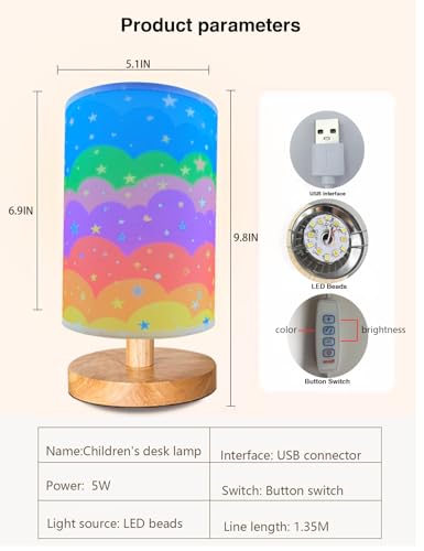 Rainbow Kids Table Lamp with Dimmable Wooden Base and Fabric Shade