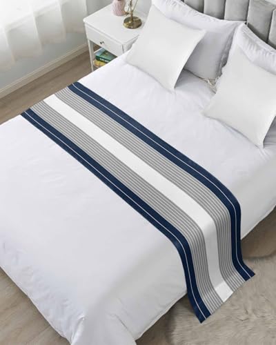 Navy Blue Grey Striped Bed Runner for Queen Bed - 94"x20" Satin Scarf