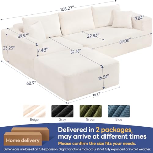 108-Inch Modular Corduroy Sectional Sofa with Ottoman, Beige L-Shaped Couch
