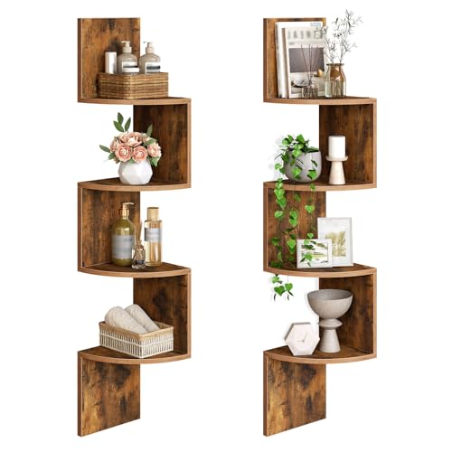 4-Tier Wall-Mounted Corner Floating Shelves, Rustic Brown Set of 2