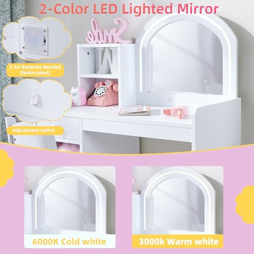 Kids Vanity Set with Lighted Mirror, Drawer, and Stool - White
