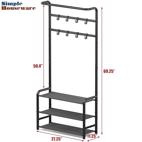 Standing Hall Tree with Hanging Rod, 8 Hooks, and Storage Shelves, Black Metal