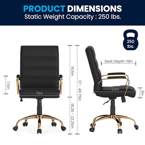 Mid-Back Swivel Office Chair with Gold Frame and Padded Armrests