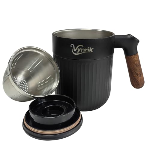 Vynrik Black 15oz Insulated Tea Infuser Mug with Stainless Steel Strainer & Lid