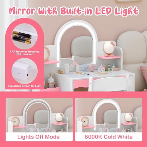 Kids Vanity Table and Chair Set with LED Mirror and Storage, Pink and White