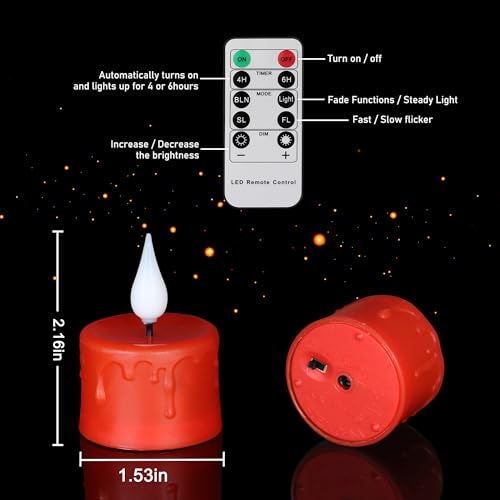 12PCS Rechargeable Flameless Red Tea Light Candles with Remote & Timer