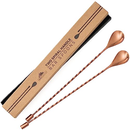 A Bar Above Antique Copper Spiral & Smooth Handle Bar Spoon Set – 2 Stainless Steel Cocktail Stirring Spoons