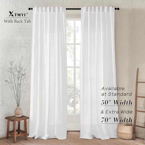 92-Inch White Linen Sheer Curtains - 2 Panels Set for Living Room & Bedroom