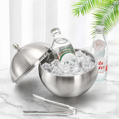Yesland 2L Stainless Steel Double Wall Insulated Ice Bucket with Lid & Tongs - Spherical Wine & Champagne Chiller for Home Bar & Parties