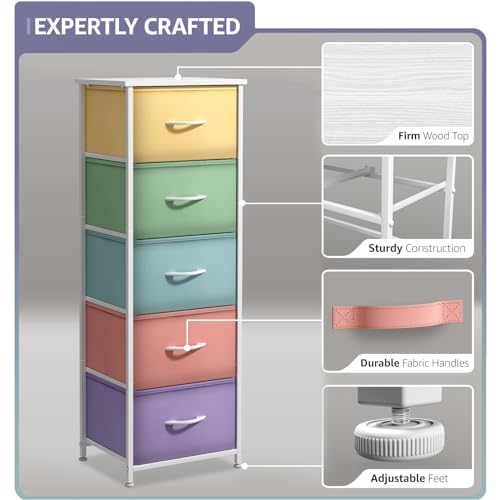 5-Drawer Fabric Dresser with Wood Top, Kids Bedroom Storage Organizer