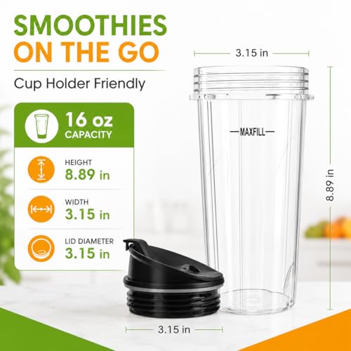 16 oz Blender Replacement Cups with Lids - 3 Pack, 4-Tab Design