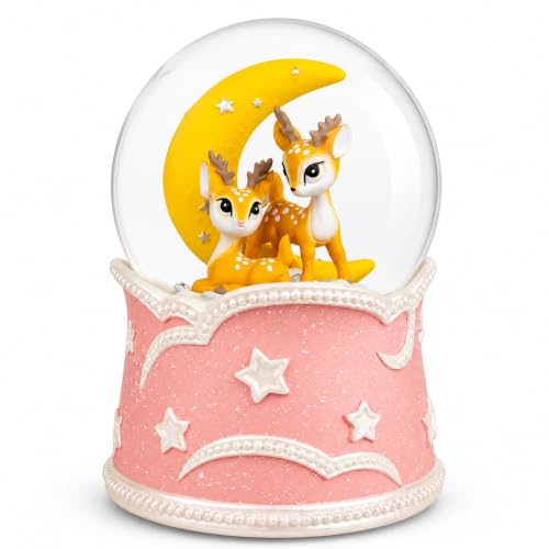 Pink Deer Snow Globe Music Box with Glowing Moon and Stars