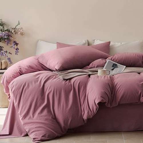 100% Washed Cotton Queen Duvet Cover Set - 3 Piece Linen-Like Bedding