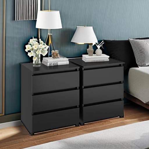 3-Drawer Nightstand Set of 2, Modern Black Bedside Table for Bedroom