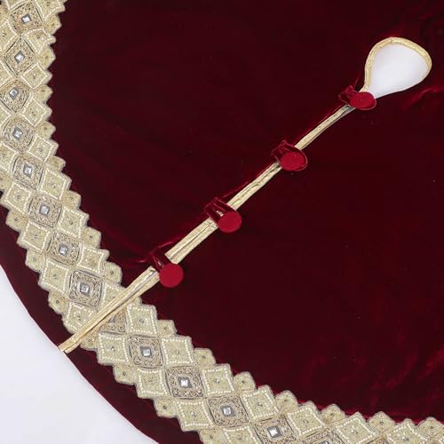Soulchen 60-Inch Burgundy Velvet Christmas Tree Skirt with Gold Edge and Pearl Embellishments