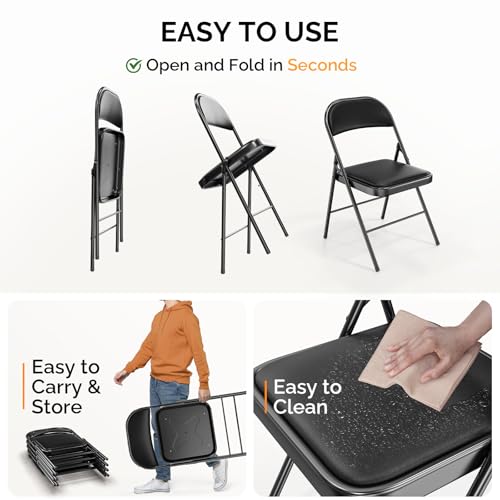 Padded Folding Chair with Steel Frame, Set of 4, Black PU Leather