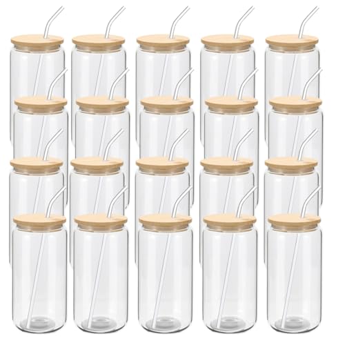 20-Pack 16oz Beer Can Shaped Glass Cups with Bamboo Lids and Glass Straws