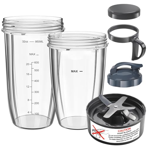 6-Piece Blender Accessory Set: 32oz & 24oz Cups with Extraction Blade & Lids