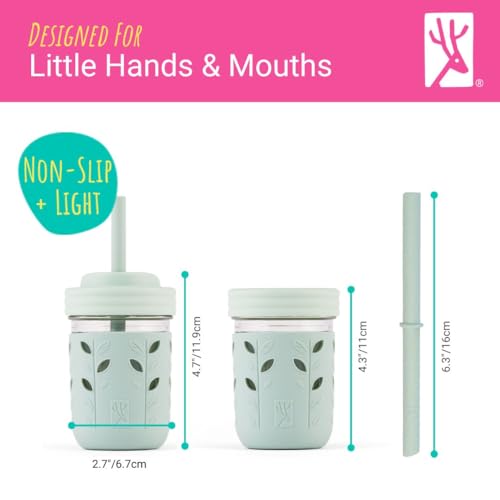 Kids Glass Mason Jar Cups with Silicone Sleeves and Straws, 4 Pack, 8oz
