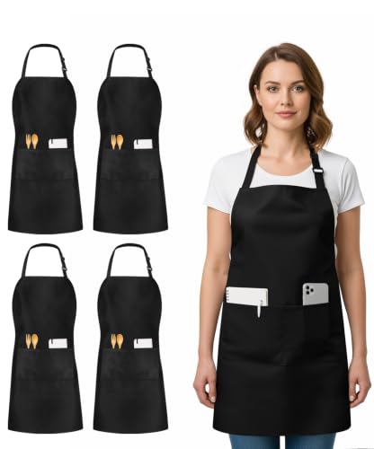 4-Pack Adjustable Bib Aprons with Pockets - Water and Oil Resistant