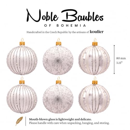 Luxury Frosted 80mm Mouth-Blown European Glass Christmas Ball Ornaments Set of 6 - Silver & White Frosted Luxe