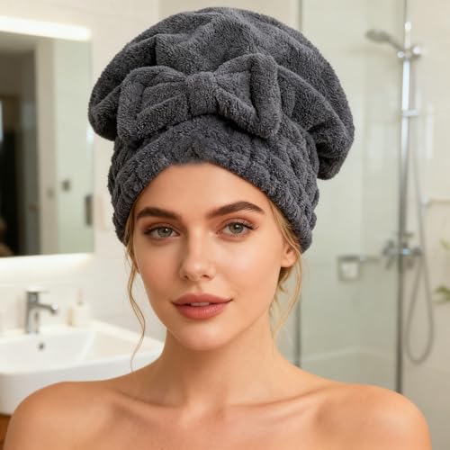 MAYOUTH Microfiber Hair Drying Cap with Bow-Knot Dark Grey & Rose Red 2-Pack