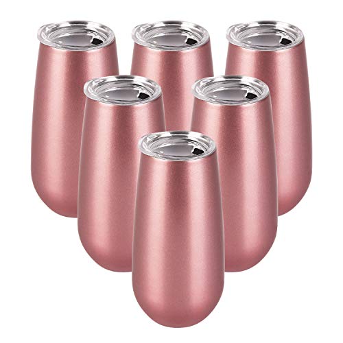 Lifecapido Rose Gold 6-Pack Stemless Double Insulated Champagne Flute Tumblers, 6 Oz, Unbreakable & Reusable Gift Set