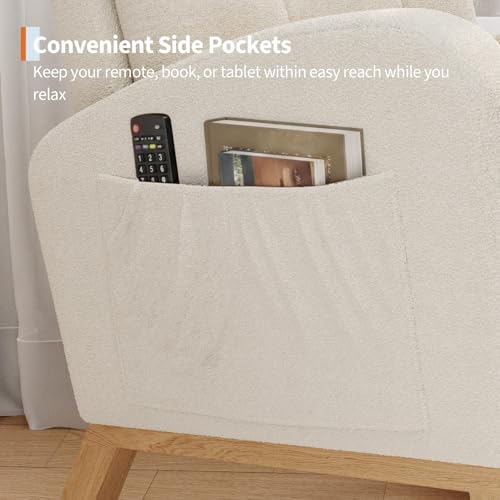 Modern Linen Upholstered Rocking Chair with Side Pocket - Beige Glider