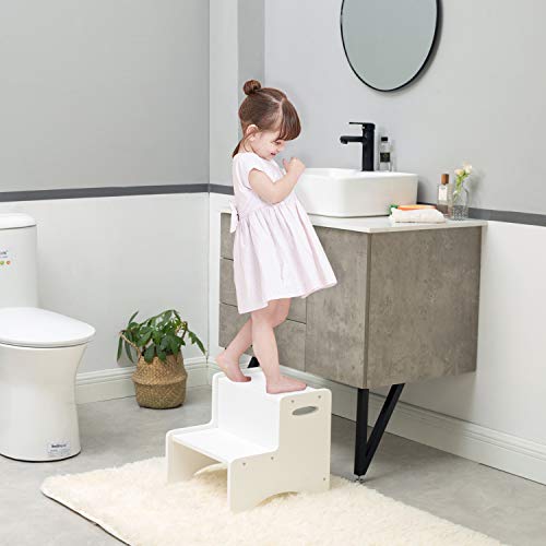Wooden 2-Step Toddler Stool with Handles & Non-Slip Pads - White