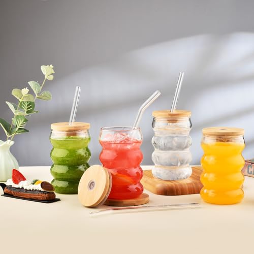 16 oz Wave Shape Drinking Glasses with Lids and Straws - Set of 4