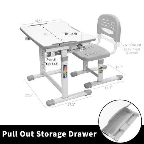 Height Adjustable Kids Desk and Chair Set with Tilt Surface and Drawer