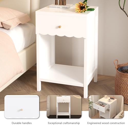 Modern Scalloped Nightstand with Drawer and Open Shelf, White Side Table