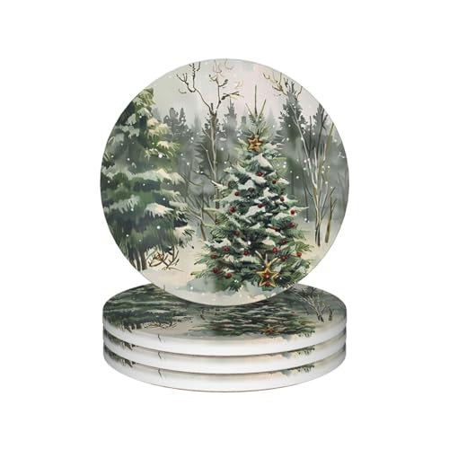 HOYYU Winter Christmas Tree Drink Coasters Set of 4 with Cork Base - Holiday Absorbent Ceramic Drink Mats for Coffee & Bar Tables