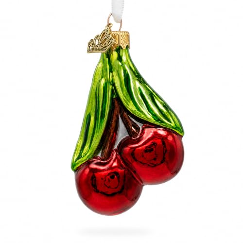Red Cherries Glass Christmas Ornament with Green Leaves – Hand-Painted German Glass