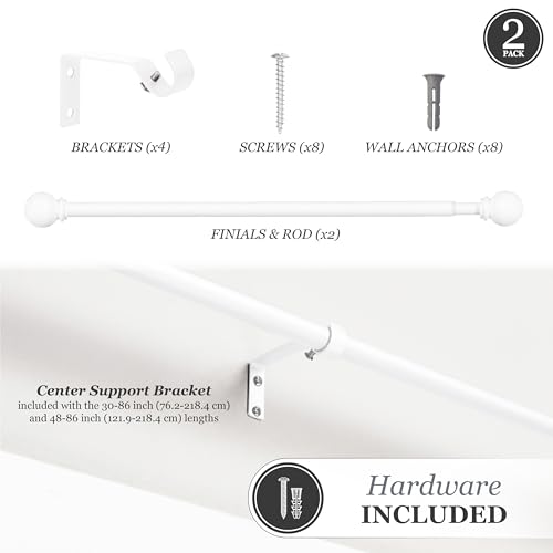 Kenney Chelsea Ball End Window Curtain Rod, Adjustable Curtain Rod for Windows 28 to 48 Inches, Extendable Curtain Rod Set, White Curtain Rod, Curtain Rods 2 Pack