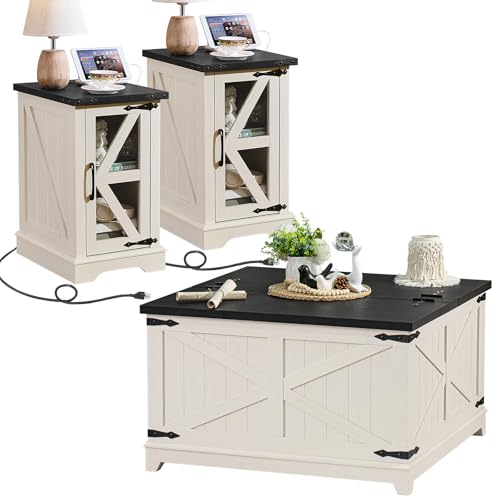 3-Piece Farmhouse Coffee Table Set with Charging Station and Storage