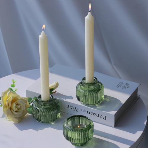 Woho Green Ribbed Taper Candle Holders (Set of 8) – Double-Sided, Vintage Glass
