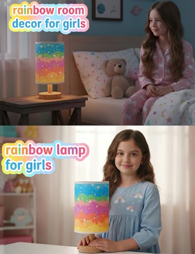 Rainbow Kids Table Lamp with Dimmable Wooden Base and Fabric Shade
