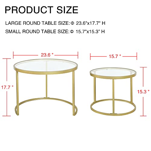 Round Nesting Coffee Table Set of 2, Modern Gold Metal and Tempered Glass